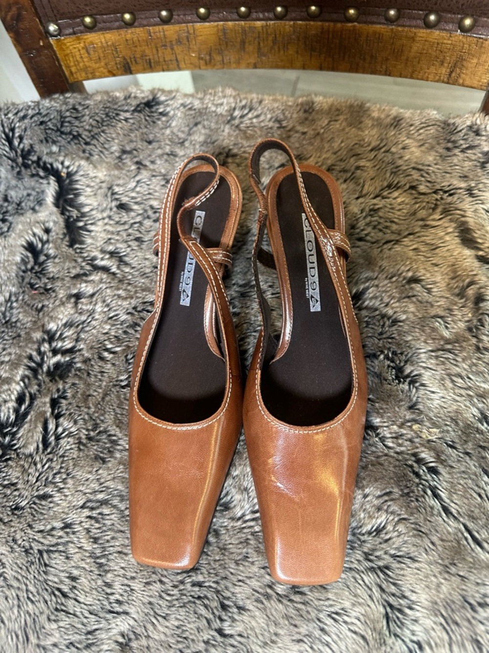 Nine West Cloud 9 Square Toe Slingback Brown Kitten Heel Shoes, Size 6